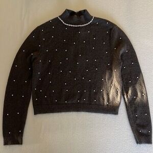 Zara Sweater  Medium Gray  High Collar  Knit Cropped Long Sleeve Beaded